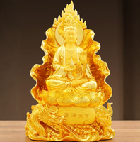 Statue de Guan Yin en résine plaquée or de luxe, assise sur un socle de lotus, sculpture pour la décoration de la maison et la bénédiction de la paix