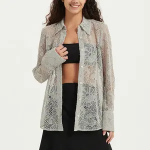 Haute qualité Simple dentelle Blouses et chemises pour femmes en gros amical col rabattu bureau dame Style été printemps automne