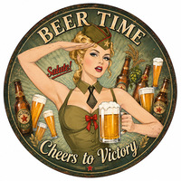 Plaque Métallique Gaufrée Vintage « Beer Time Pinup Girl Cheers Victory » pour Décoration Murale de Bar, Personnalisable, Vente en Gros Directe Usine OEM
