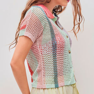 Camiseta de punto a rayas con botones y solapa, holgada, de color contrastante, de manga corta, estilo crochet, para mujer, al por mayor - Product Image 3