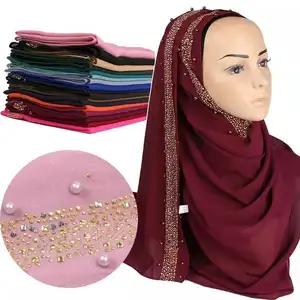 أحدث الأزياء متعدد الألوان القطن شعور المرأة التجعيد الحجاب وشاح مع اللؤلؤ