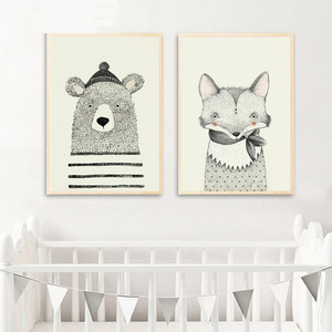 Cartoon Fox Bear Canvas Poster Print Nordic minimalista Baby Kids Room Art Decor - Product Image 2