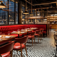 Meubles de restaurant de luxe Ron Group, banquette en forme de L capitonnée, ensemble de chaises en cuir, table carrée en bois