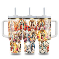 Venta al por mayor a granel: Vaso térmico de acero inoxidable con logo personalizado de Nuestra Señora Virgen de Guadalupe y Jesús, con asa y pajita.