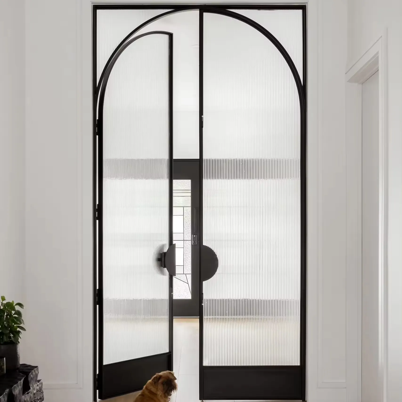 Wholesale Price steel grids arch fluted wrought steel door with fluted glass for interior