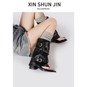 Sandales ouvertes pour femmes de haute qualité en gros avec boucle de ceinture à rivets, bottines courtes, bottines à bout carré et chaussures pour femmes - Product Image 4