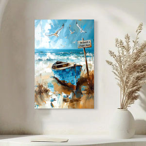 1 pieza de pintura de naturaleza muerta impresa barco enmarcado y gaviotas en <span class=keywords><strong>la</strong></span> playa para <span class=keywords><strong>la</strong></span> decoración del hogar o <span class=keywords><strong>la</strong></span> tienda - Product Image 4