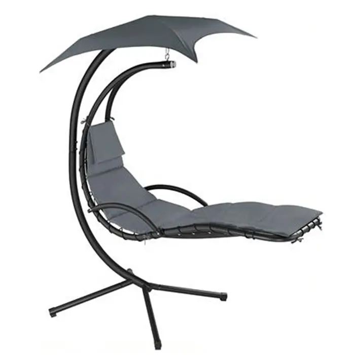 Carvão Cinzento Removível Canopy Suspensão Curvo Aço Chaise Lounge Chair Swing Bed com 3cm Espessura Almofada