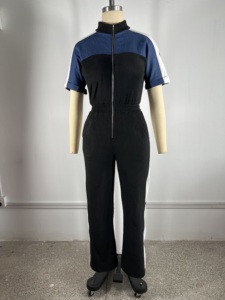 Tuta Intera Casual <span class=keywords><strong>in</strong></span> <span class=keywords><strong>Velluto</strong></span> Elasticizzato con Inserti <span class=keywords><strong>in</strong></span> Denim, Maniche Corte, Gamba Dritta per Donna - Product Image 5