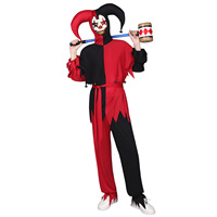 Costume de bouffon maléfique bicolore pour homme avec capuche à cornes, tenue de clown effrayant pour Halloween, maison hantée, cosplay