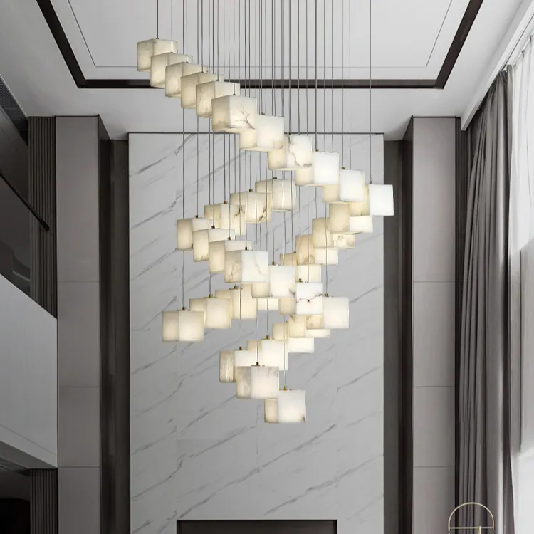 Modern Minimalist Staircase Duplex Villa Light marble full copper restaurant chandelier