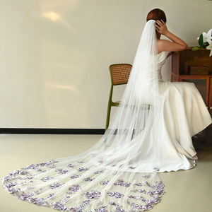 طرحة زفاف رومانسية جديدة بتصميم عصري ثلاثي الأبعاد مع زهور بنفسجية، طبقة واحدة قصيرة - Product Image 4