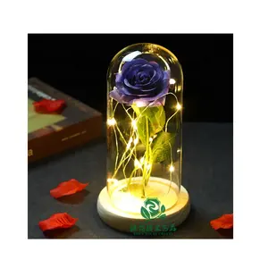 zhen xin qi crafts Valentines day gift items decor glass dome artificial galaxy rose flower battery operate led wooden base for