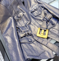 Veste en cuir de mouton véritable gaufré crocodile pour femme, avec ceinture à boucle dorée, poches à rabat, bleu noir, style motard court, automne hiver
