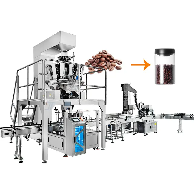 स्वचालित उत्पादन लाइन कॉफी बीन्स भरने वाली पैकेजिंग मशीन मोनोब्लॉक बोतल/कैन/जार भरने वाली कैपिंग मशीन लाइन