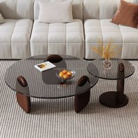 Table basse d'appoint de style bois original, ronde, en verre trempé transparent, table moyenne avec bureau latéral, table basse en bois
