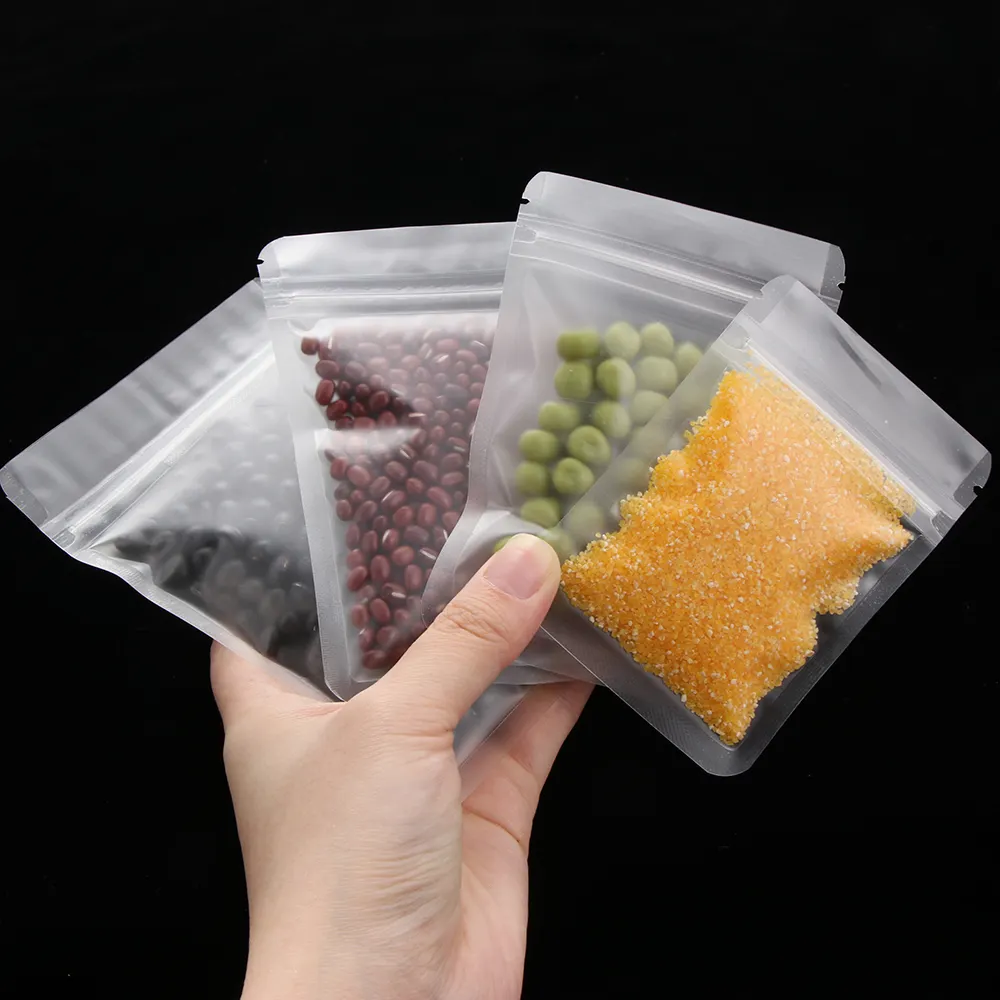 En stock sachets alimentaires transparents givrés emballage en plastique avec fermeture éclair 3 sacs transparents à joint latéral