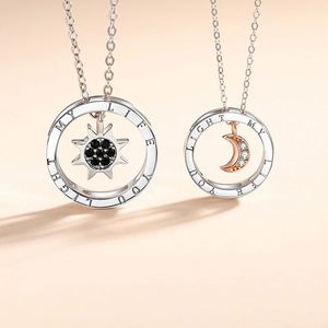 Collier romantique pour couple en argent, pendentif cercle soleil et lune avec diamants, pour homme et femme - Product Image 1