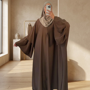 Solid Brown Long Sleeve <b>Full</b> <b>Length</b> Loose Abaya O-Neck Casual Modest Women's Wear Breathable Crepe Fabric All Seasons - Product Image 3