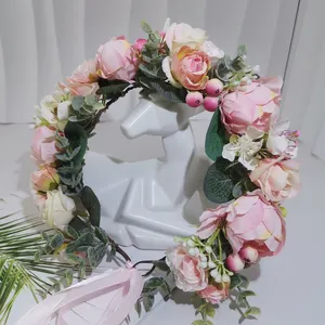 Aksesori rambut mahkota bunga mawar buatan wanita, mahkota bunga mawar besar karangan bunga Boho pernikahan untuk pengantin wanita