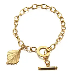 Women Simple Stainless Steel Bracelet Leaf Dangle Dainty Charm OT Toggle Bracelets Minimalist Jewelry