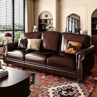 Canapé d'angle en cuir véritable style rétro américain, 3 places, avec accoudoirs rivetés et capitonnés, en forme de L, pour hôtel, villa, salon