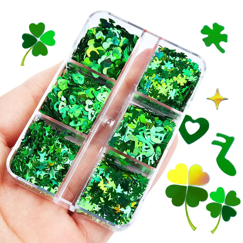 6 Grids St. Patrick's Day Laser Green Clover Nail Art Sequins Jewellery Nail Art Decorations Diy Resin Crafts