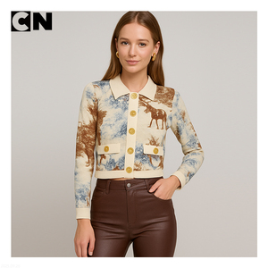 Patrón Vintage personalizado Jacquard Polo cuello mujeres cárdigan suéter de manga larga Botón de punto recortado camisa de las mujeres - Product Image 2