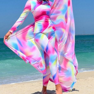 Nouveau Burkini Trois Pièces <span class=keywords><strong>Ezan</strong></span> Multicolore Sexy pour Femme, à Manches Longues, Imprimé Dégradé, en Tissu Non Tissé à Mémoire de Forme, Style Moyen-Orient - Product Image 5