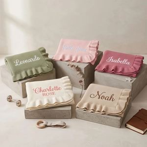 Personalized Luxurious Cotton Throw Blanket Custom Embroidery Name Text <b>Ruffled</b> Edges Soft Breathable Skin-Friendly Lightweight - Product Image 1