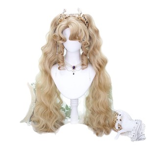 Perruque Lolita longue bouclée rose doré avec frange, double queue de cheval, en fibre synthétique Kanekalon, style ligne de cheveux naturelle - Product Image 2