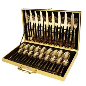 36 Pcs 1010 Gold Plated Cutlery Set With Wooden Box Stainless Steel Cutlery Set Spoon Knife Fork Set Modern Gold Flatware