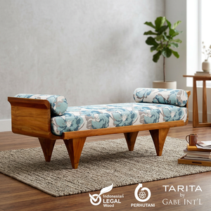 Solid Teak Wood Vintage Contemporary Style Three Seat Daybed Bench Living Room <b>Sofa</b> with Fabric Upholstery - Product Image 3