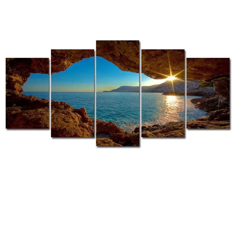 Canvas Wall Art Print Ocean Sunrise Painting Inside View of Grotto Artwork for Bedroom Nature Landscape Peaceful Picture Modern