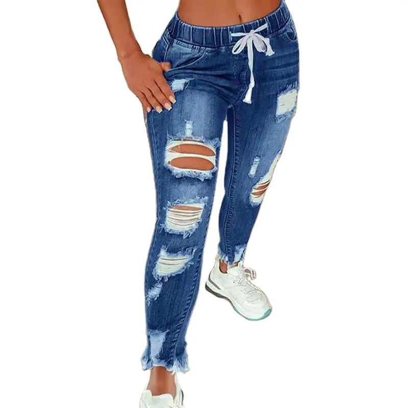 Plus Size Women Jeans fashion high waist washed Stretch Jeans Denim trousers ripped skinny jeans for women