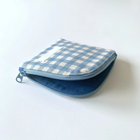 Tas ritsleting linen katun pola cek biru, dompet koin, tas kantong tempat kartu