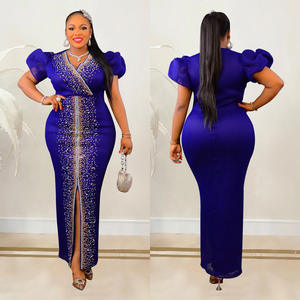 Elegantes Abendkleid für Damen mit Kurzen Ärmeln, V-Ausschnitt und Schlitz, Festliche Kleidung mit Funkelnden Strasssteinen, Maxi-Kleid - Product Image 4