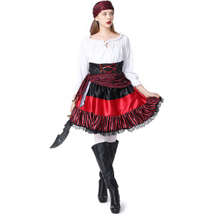 Costume d'Halloween XJHalloween - Tenue de pirate féminine pour performance de cosplay avec dentelle rayée rouge - Product Image 1