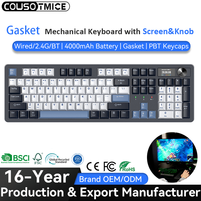 Full Size 104 Keys Bluetooth Tri-mode Hot Swappable Gasket RGB Wireless Mechanical Gaming Keyboard with Smart LCD Screen & Knob