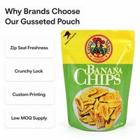 Zakje met gusseted bodem, ritssluiting, voor bananenchips, fruitchips, tropische snacks, distributeur, retailer, lage minimale bestelhoeveelheid