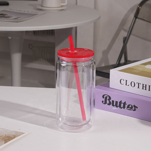 كوب زجاجي مزدوج الجدار بتصميم نحيف سعة 16 أونصة للطباعة بالتسامي مع غطاء وقش، كوب ثلجي قابل للتخصيص بالجملة - Product Image 5