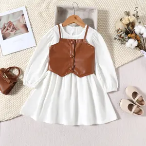 Autumn 2023 New Elegant Kids Boutique Clothes Long Sleeve White Shirt Dress PU Leather Vest 2Pcs Sets Girls Casual Wear
