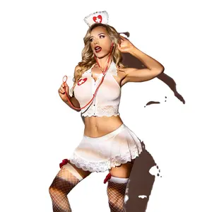 Adult Women Role play Nude Fancy Dress Set Sexy Outfit White lace Nude Halloween Costumes Hot Nurse Cosplay Costume Dress