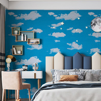 Wallpaper Langit-Langit Motif Awan Anti Lembab Kamar Tidur Asrama Universitas Kamar Anak Kain Nonwoven Perekat Sendiri Gaya Eropa