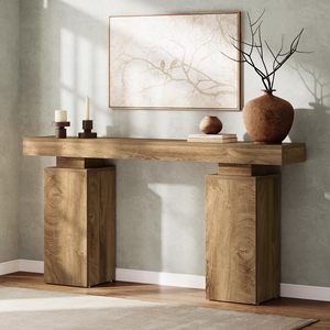 Mesa Consola Rústica de Roble Macizo SENYU con Base de Pedestal, Mueble de Estilo Antiguo Hecho a Mano para Sala de Estar o Entrada - Product Image 2