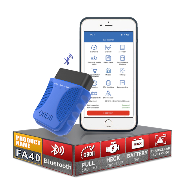 New Blue FA40 BT OBD2 for Bluetooth ELM327 Car Diagnostic Scanner Engine Analyzer Tool