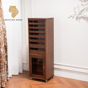 <span class=keywords><strong>Armoire</strong></span> de rangement étroite et haute en bois massif vintage avec roulettes et porte <span class=keywords><strong>vitrée</strong></span>, finition noyer, meuble à chaussures mobile pour la maison ou le bureau - Product Image 2