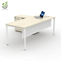 Bureau de direction extensible IULTRA en MDF, design moderne en forme de L avec armoire de rangement, écologique, blanc et gris
