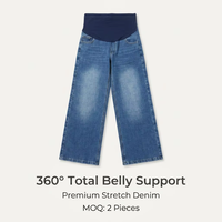 Jean en denim de maternité taille haute, coupe droite ample, décontracté, d'été, très extensible, respirant, délavé clair, avec soutien abdominal et tissage simple