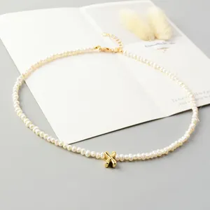 Customized initials letter necklace 18k gold brass fresh water pearl jewelry letter choker necklace